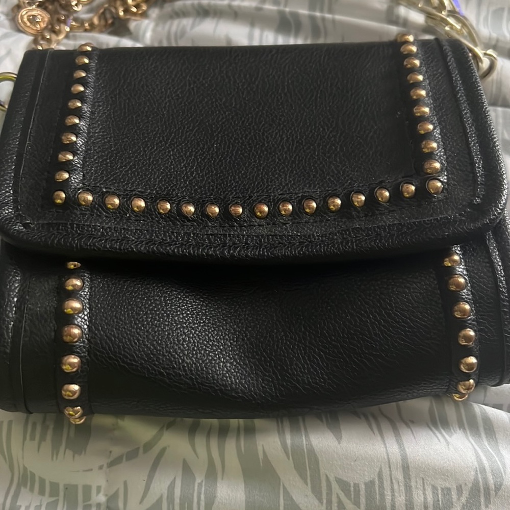 Black Leather, Gold Studded, Gold Strap, FREE PEOPLE crossbody purse.